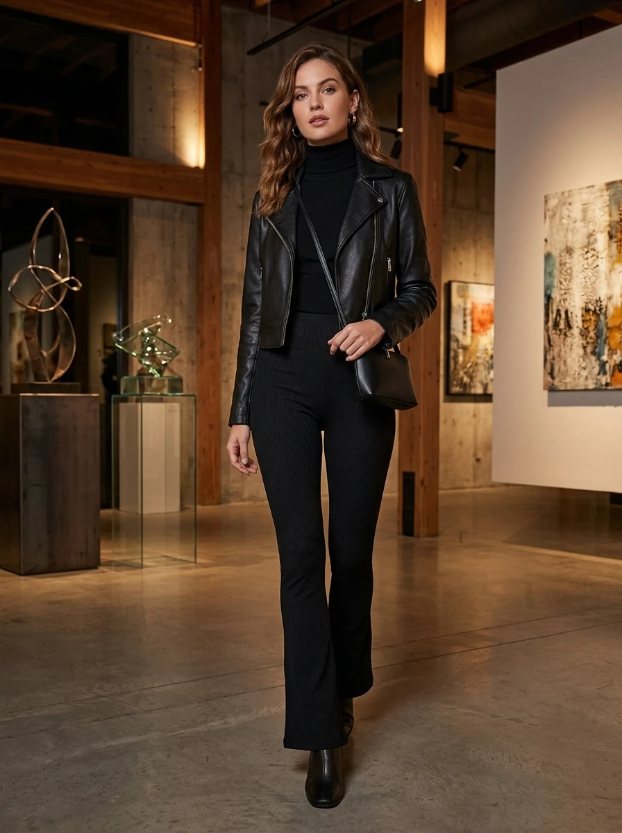 A woman stands in a modern room wearing black ribbed flare leggings paired with a slim turtleneck and a cropped leather jacket.