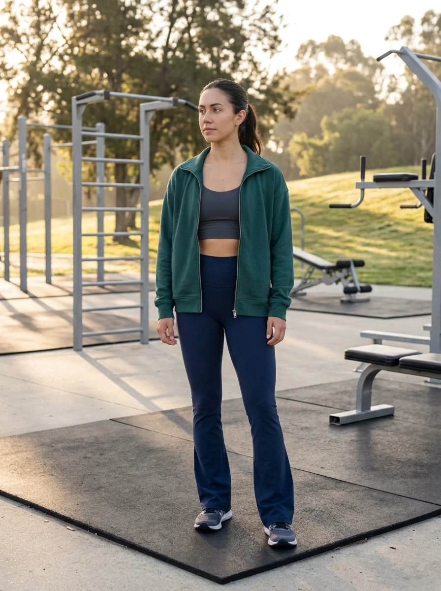 A woman stands outside wearing navy blue flare leggings, a sports bra, and an unzipped quarter zip pullover for a layered look.