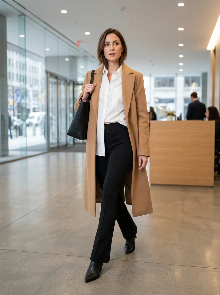A woman stands in an office setting wearing structured black ponte flare leggings with a white button down shirt and a long wool coat.