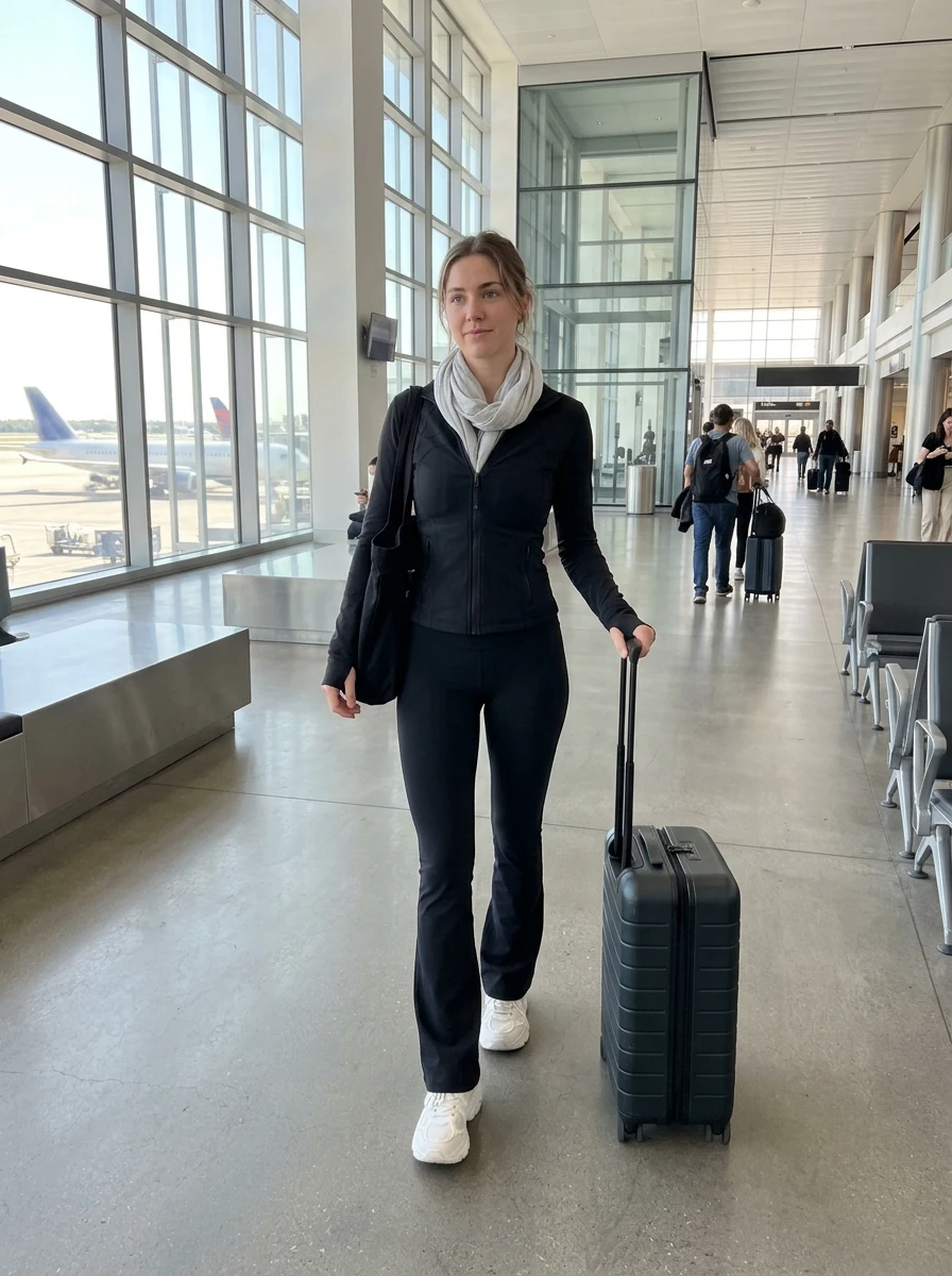 A woman walks through a terminal wearing black flare leggings and a matching black track jacket with white sneakers.
