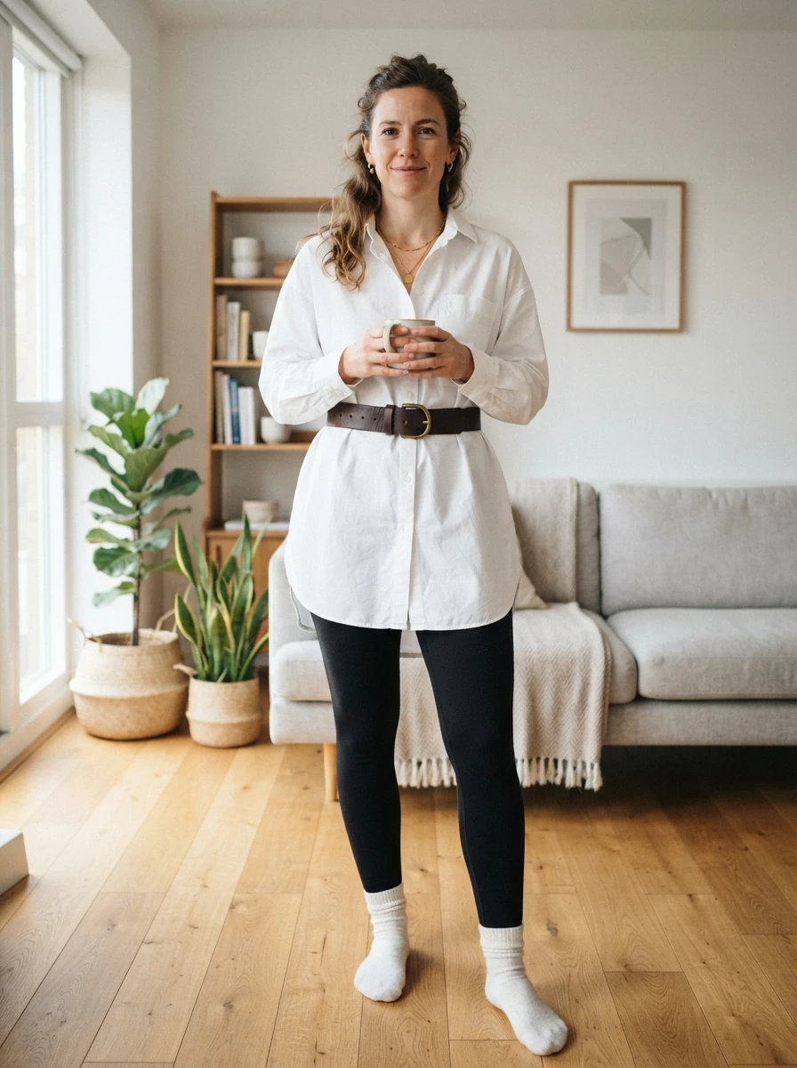 A person wearing fleece lined leggings and an oversized button down shirt with a belt in a minimalist home interior.
