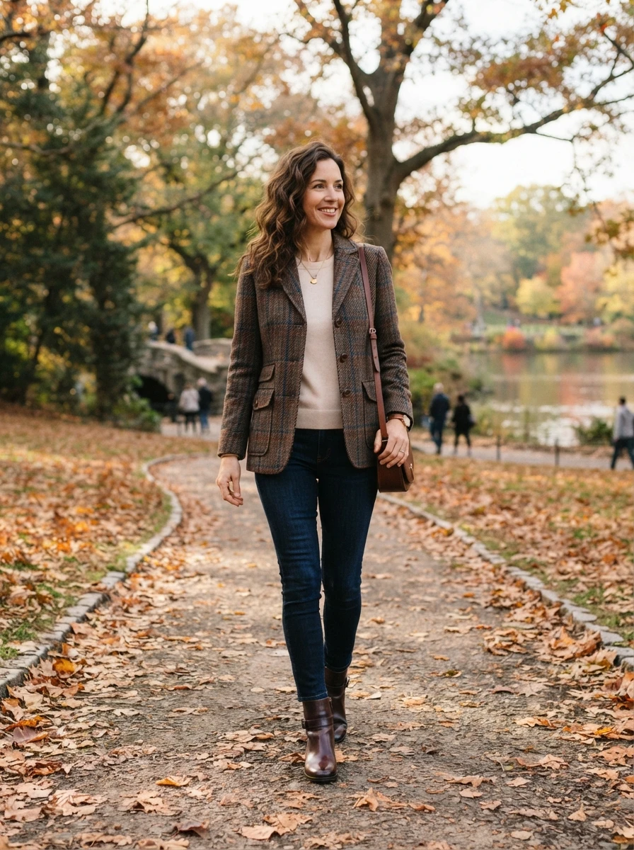 A woman wearing a classic tweed jacket over a cashmere sweater with skinny jeans and leather boots in a park setting.