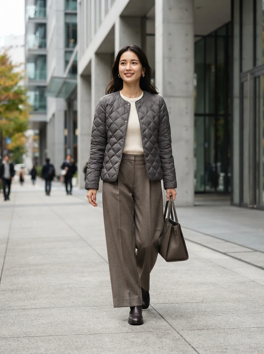 A person wearing a quilted jacket and wide leg wool trousers in neutral tones against an architectural urban background.