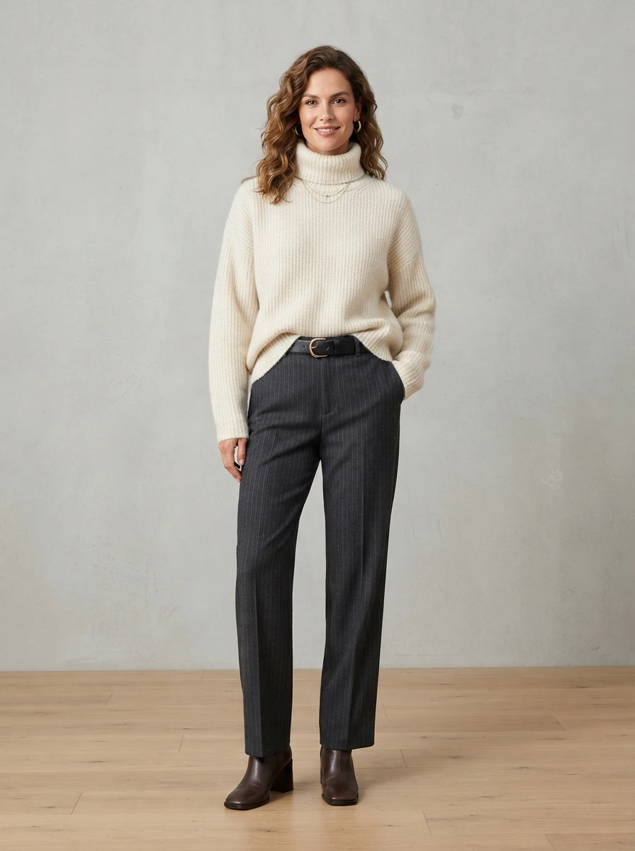 A woman wearing pinstripe trousers and a chunky oversized turtleneck with a belt in a professional studio setting.