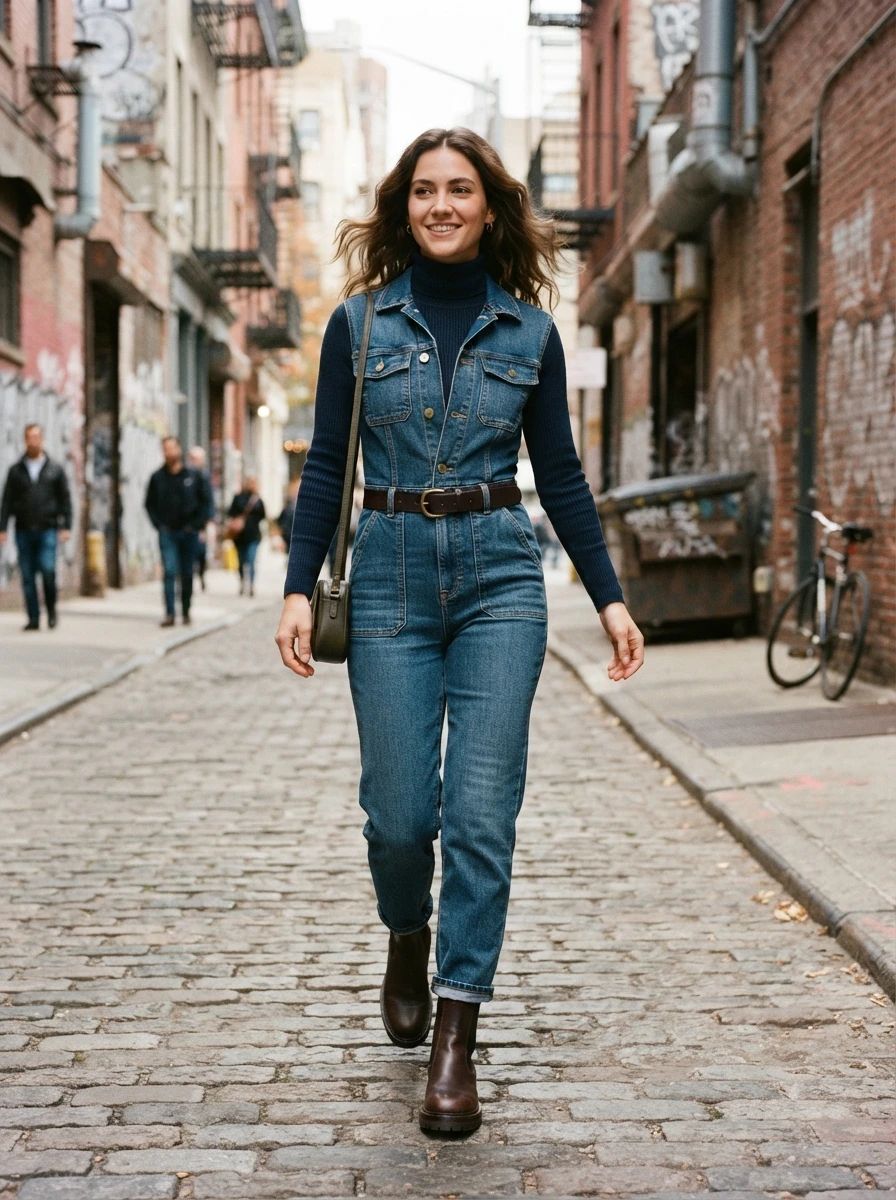 A person wearing a denim jumpsuit layered over a thin turtleneck with a leather belt and boots in an urban alleyway.