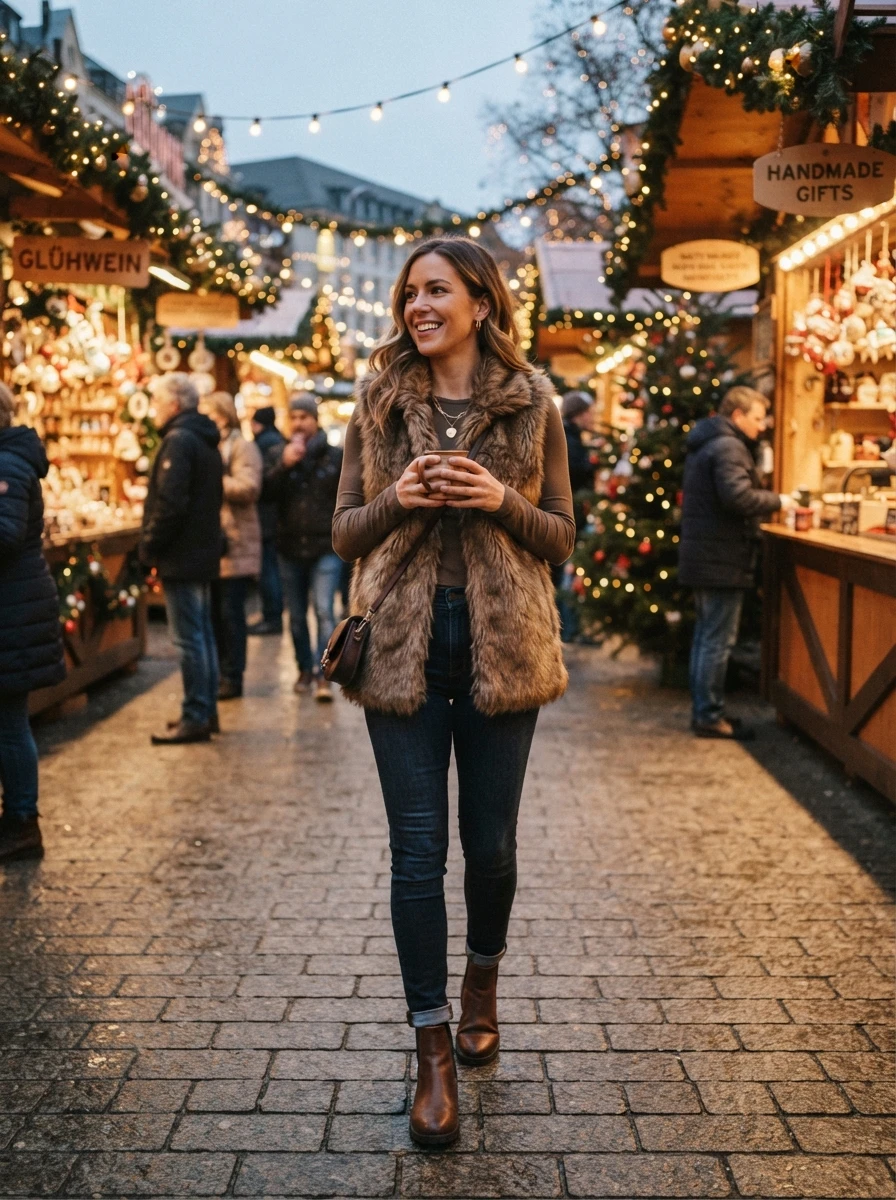 A woman wearing a faux fur vest over a long sleeve tee and dark jeans in a winter market setting.