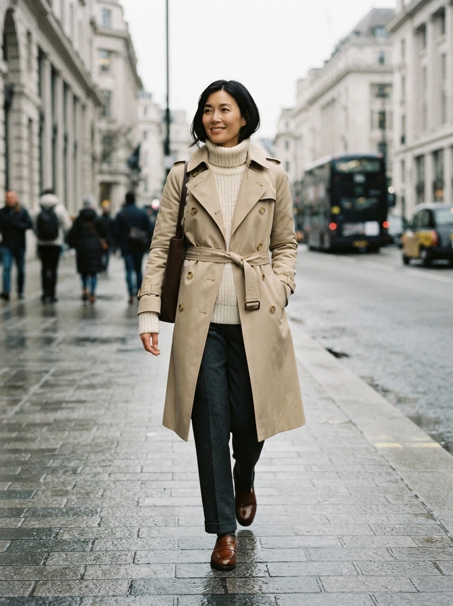 A person wearing a classic trench coat over a heavy knit sweater with wool trousers and leather loafers in a city street.