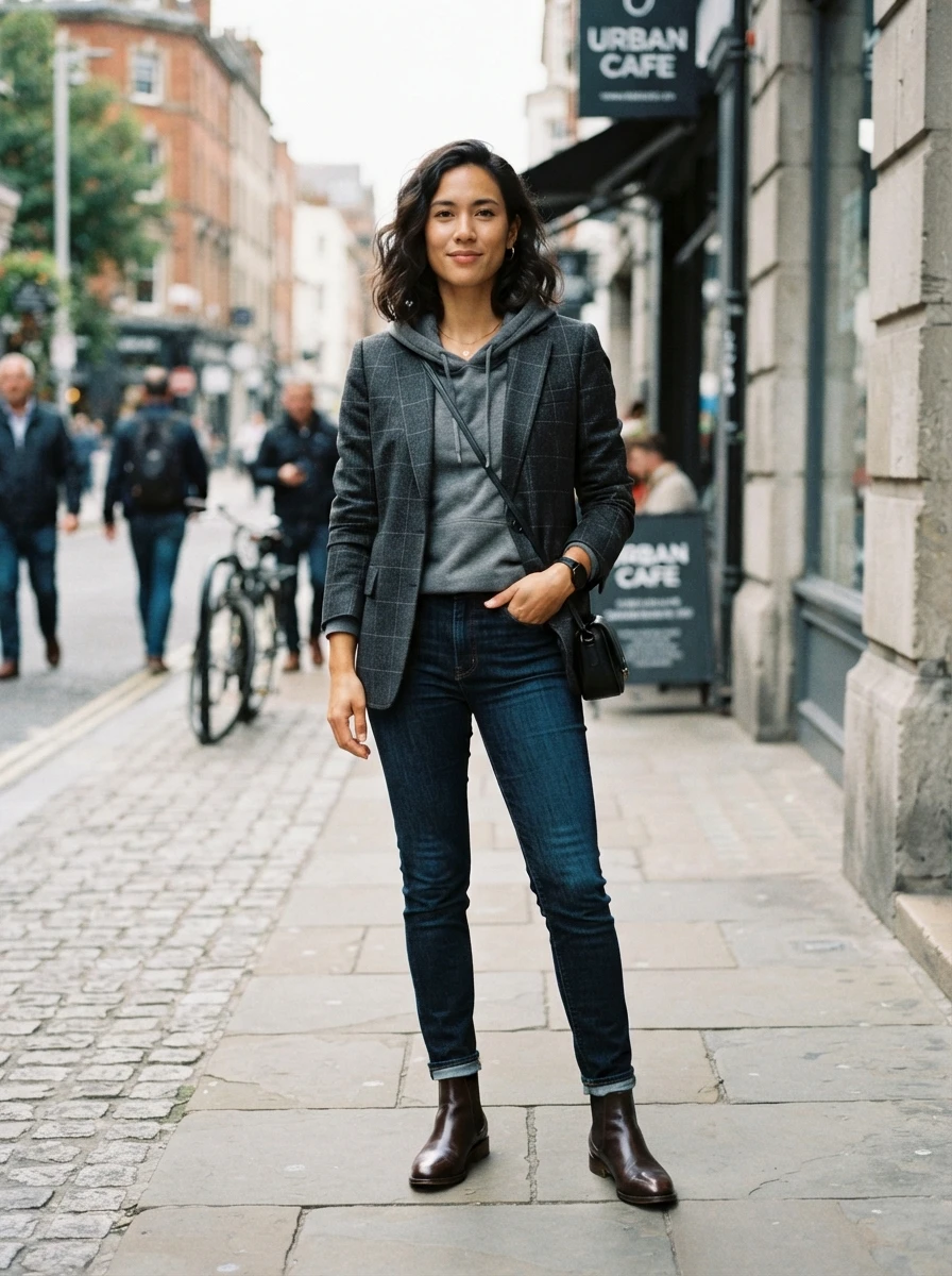 A person wearing a grey jersey hoodie under a structured windowpane wool blazer, paired with dark denim jeans and black leather ankle boots in an urban setting.