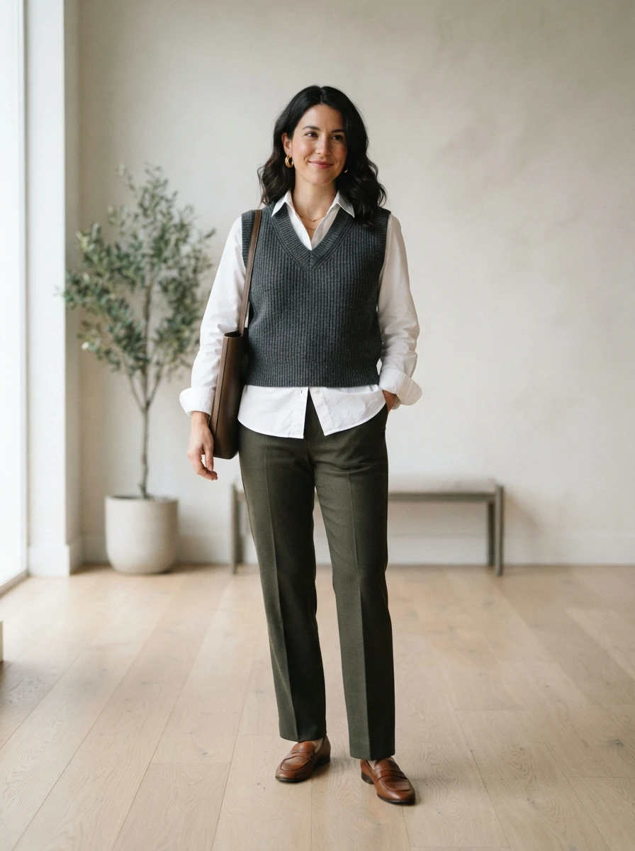 A woman wearing a sweater vest over a button down shirt and trousers in a clean minimalist setting.