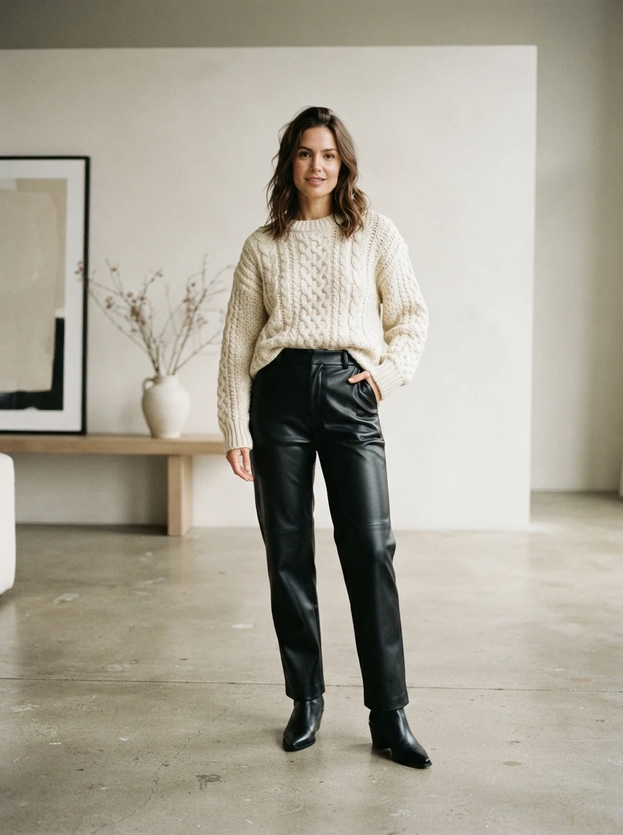 A model styled in high waisted black leather trousers and a thick cream cable knit sweater, paired with pointed toe boots in a minimalist interior space.