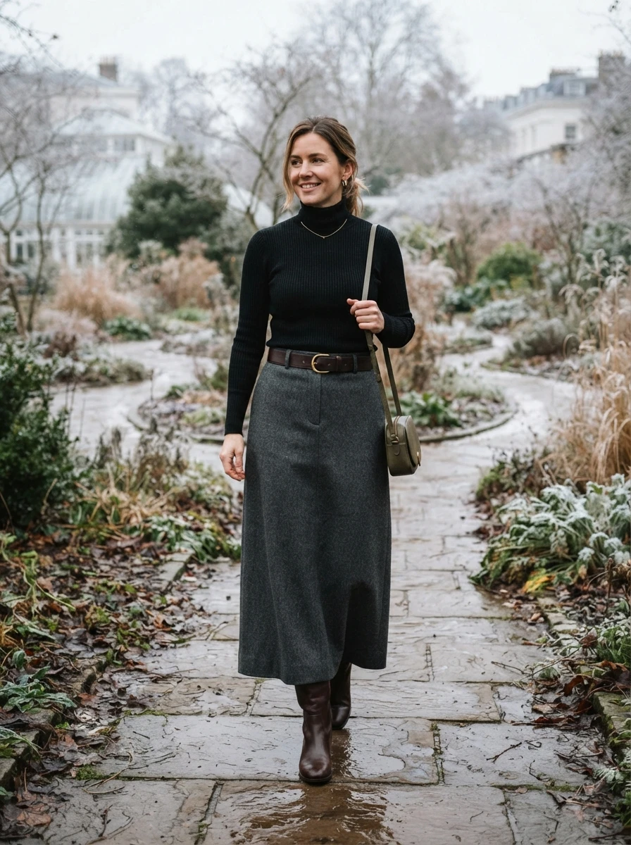 A woman wearing a heavy wool maxi skirt with a black fitted turtleneck and a leather belt, accessorized with knee high boots in a winter garden setting.