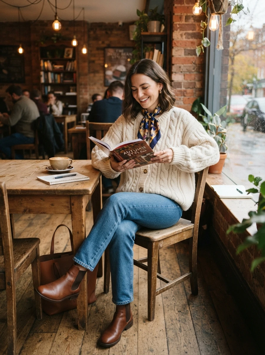 A woman wearing a chunky oversized buttoned cardigan and straight leg blue jeans with a silk scarf in an indoor cafe setting.