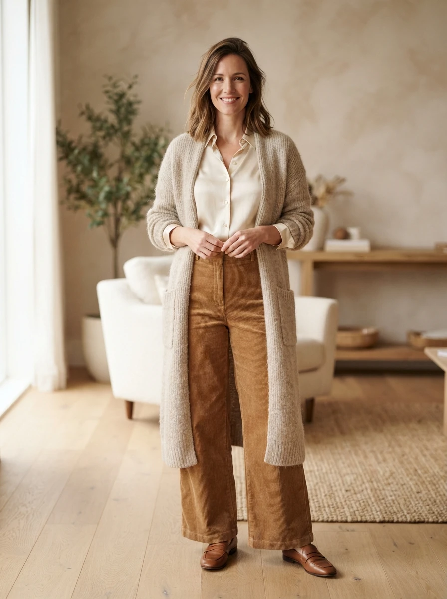 A person wearing wide leg corduroy trousers with a silk blouse and a long cardigan in a neutral indoor setting.
