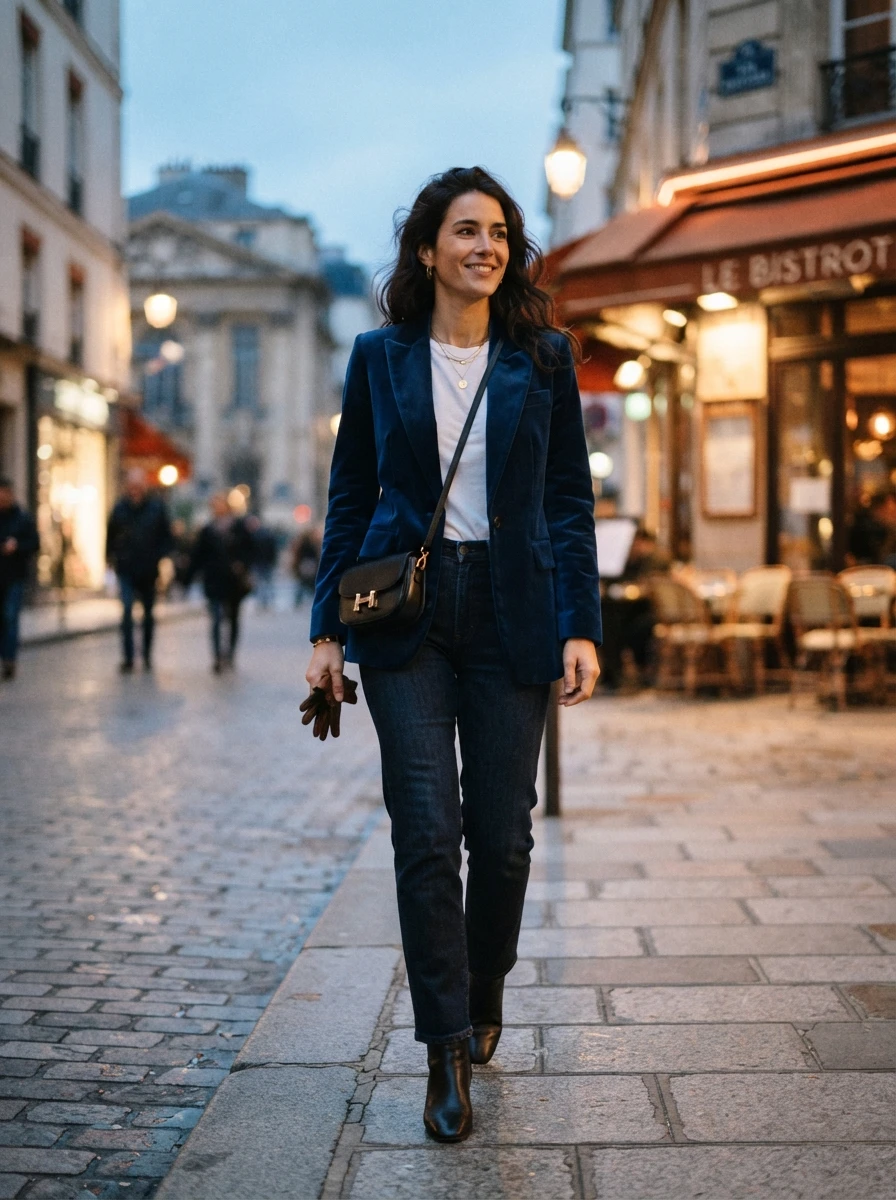 A woman wearing a velvet blazer over a white cotton tee and dark wash jeans in an evening city setting.
