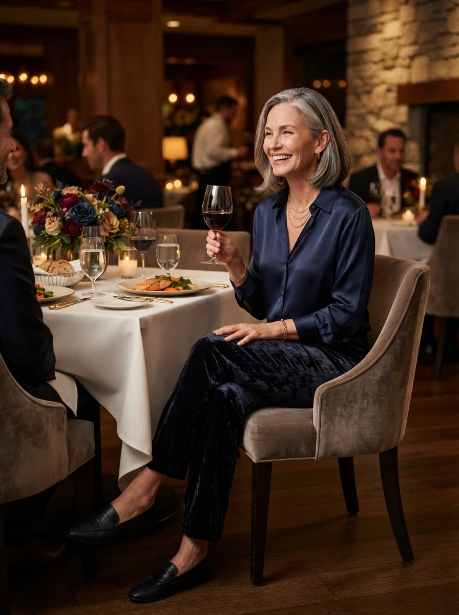 A luxurious evening look featuring velvet trousers and a silk blouse, suitable for autumn gatherings.