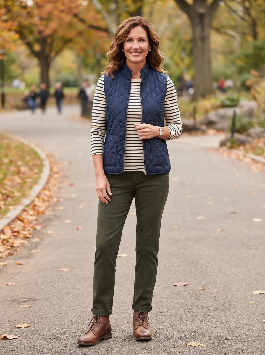 A practical layered outfit featuring a quilted vest, strong for outdoor autumn activities.