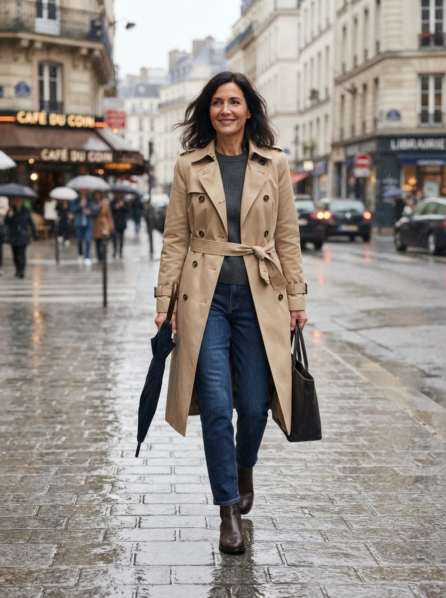 A timeless trench coat styled with ankle boots, offering a sophisticated look for damp fall days.