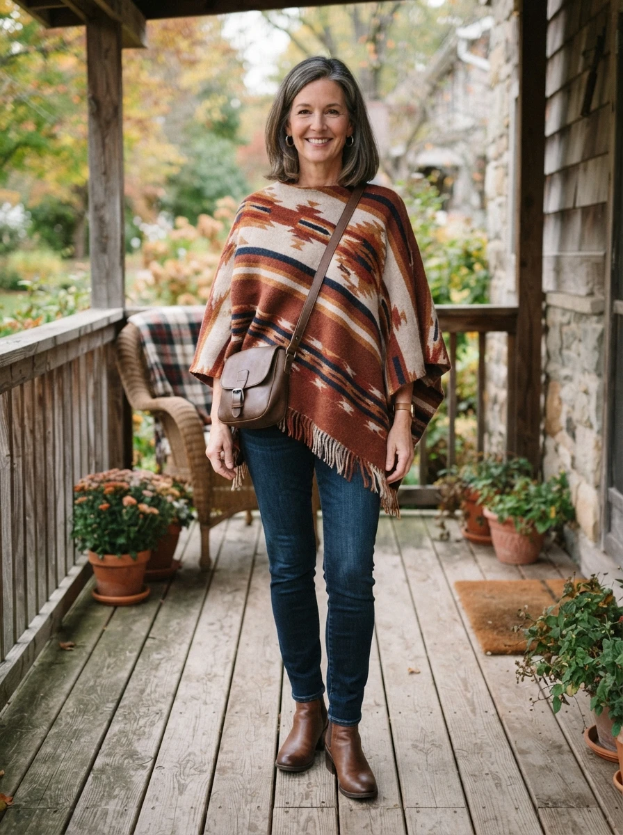 A cozy poncho paired with slim denim to create a balanced and comfortable autumn outfit.
