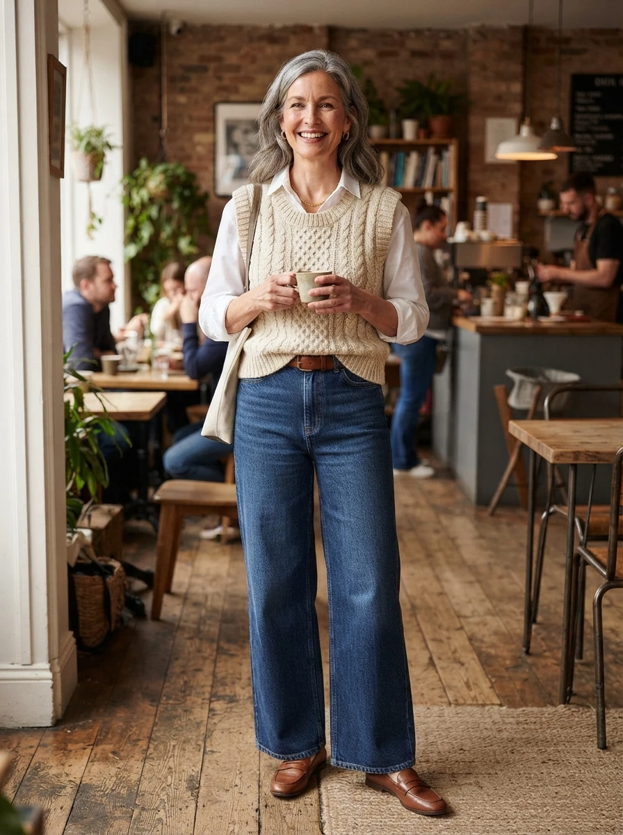 A trendy sweater vest styled with wide leg jeans, offering a modern and comfortable fall ensemble.