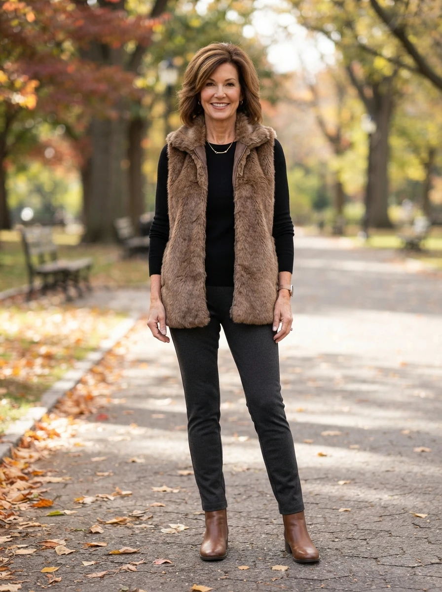 A glamorous faux fur vest outfit that provides warmth and style for cooler days.