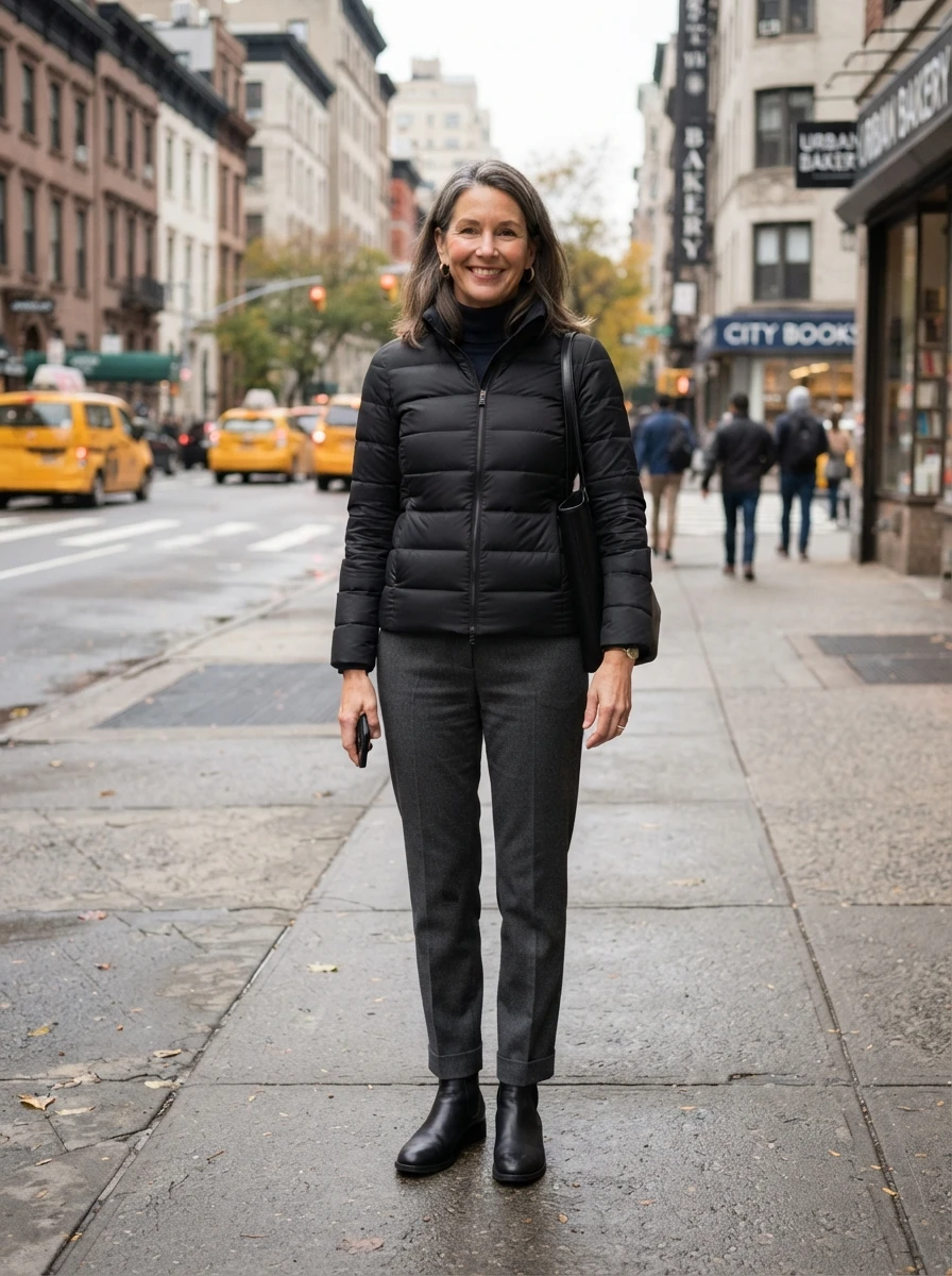 A modern mix of a puffer jacket and wool trousers, strong for staying warm while looking refined.