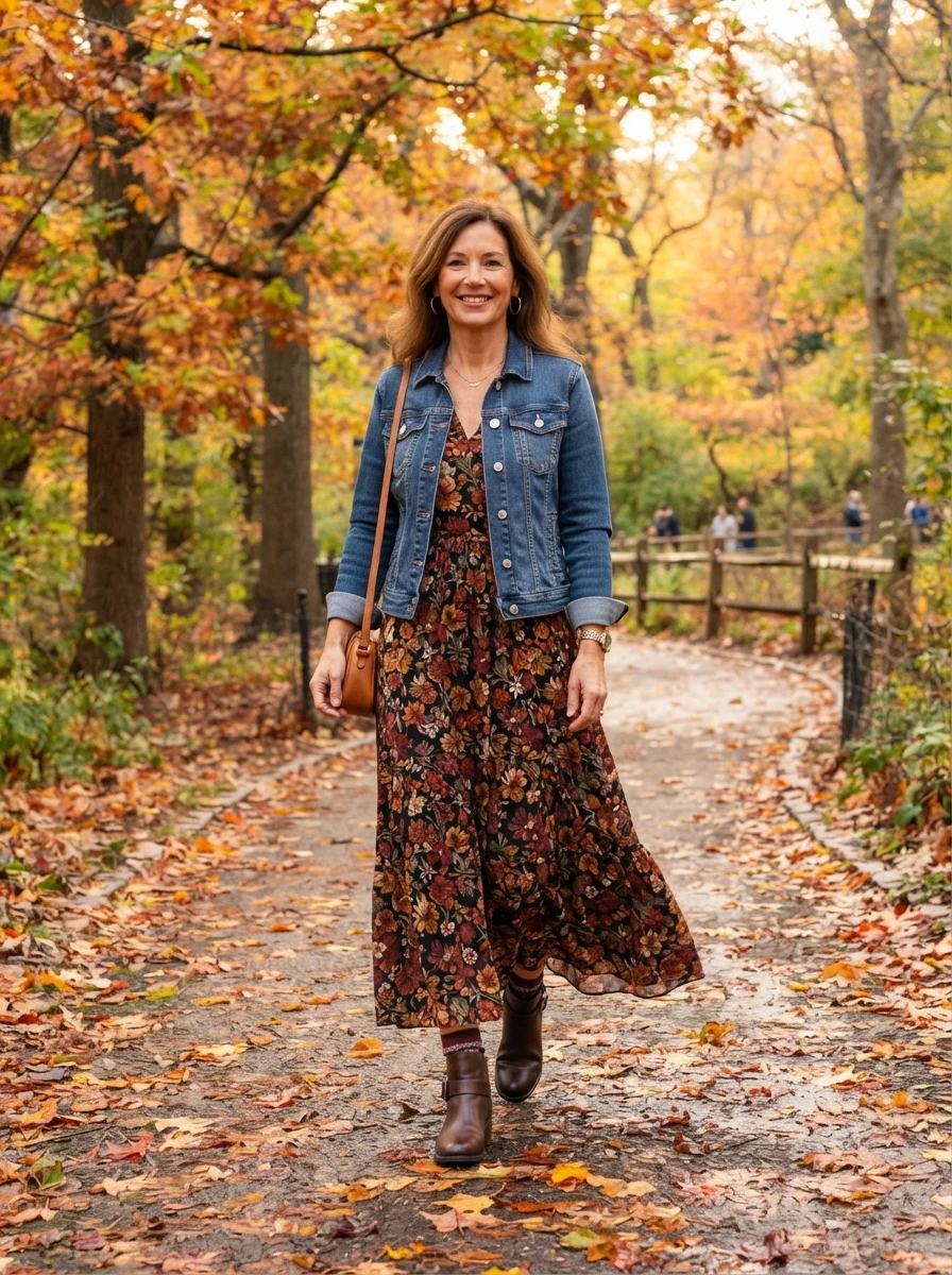 A casual and comfortable outfit that combines a maxi dress with a denim jacket for a seasonal transition.