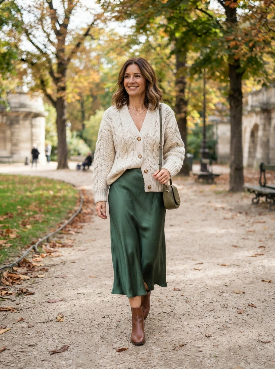 A textured fall look featuring a chunky knit cardigan paired with a flowing satin skirt, highlighting the contrast in materials.