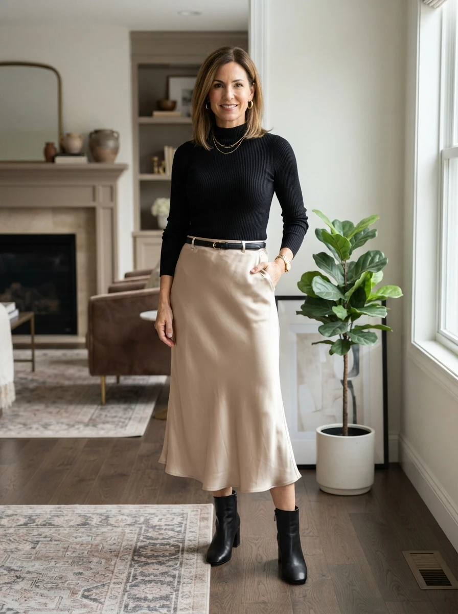 A chic and minimalist outfit featuring a mock neck top and a slip skirt, suitable for various fall occasions.