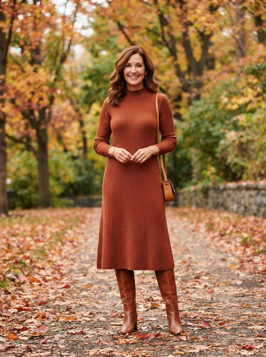 A cozy sweater dress paired with boots, offering a simple and elegant solution for fall dressing.
