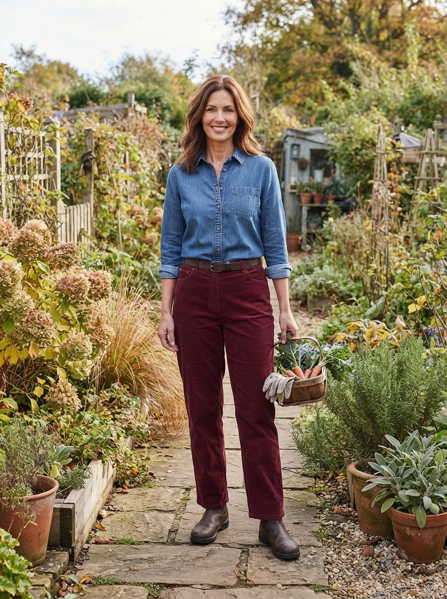 A textured outfit featuring a denim shirt and corduroy pants, strong for a casual autumn day.