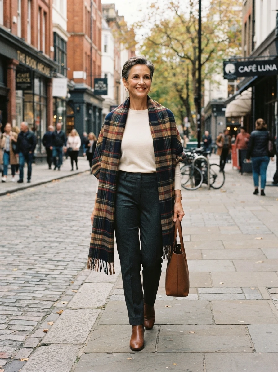 An outfit centered around a large statement scarf, providing warmth and style to basic pieces.