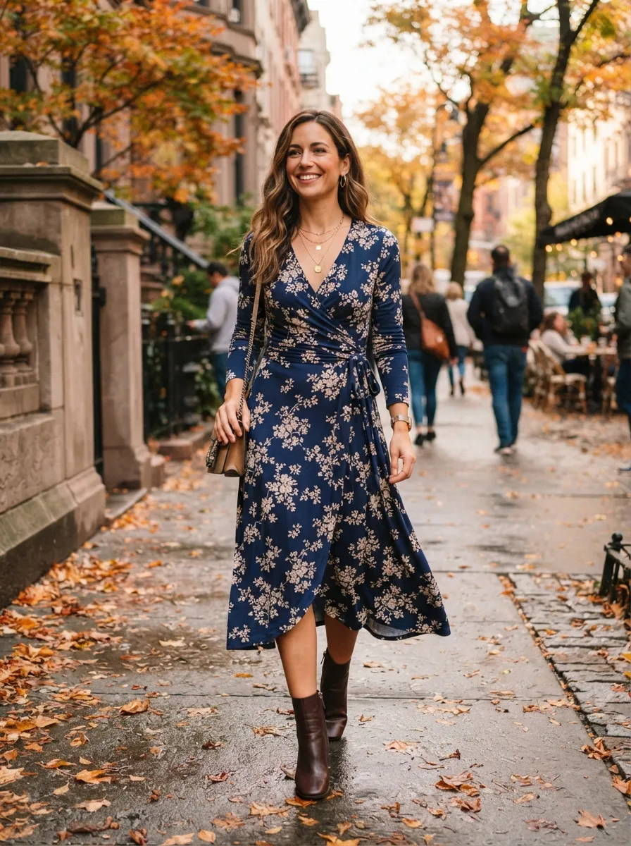 Wrap Dress and Ankle Boots — 20 Trendy Fall Outfits for Women Over 40