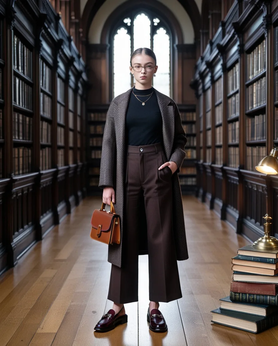 Dark academia library outfit with burgundy lug-sole loafers, herringbone coat and wide-leg culottes