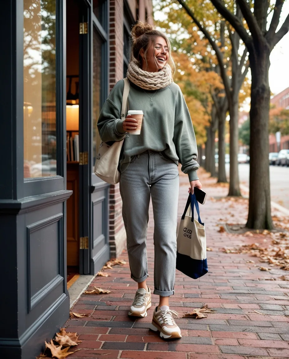 Cozy coffee run college outfit with chunky retro sneakers, sage green sweatshirt and grey mom jeans