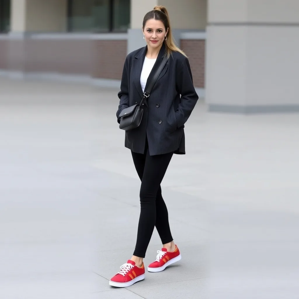 A person walking outdoors wears black leggings and a white tank top layered under a large charcoal blazer. The outfit is completed with red sneakers that stand out against the greenery of the park path in the background.