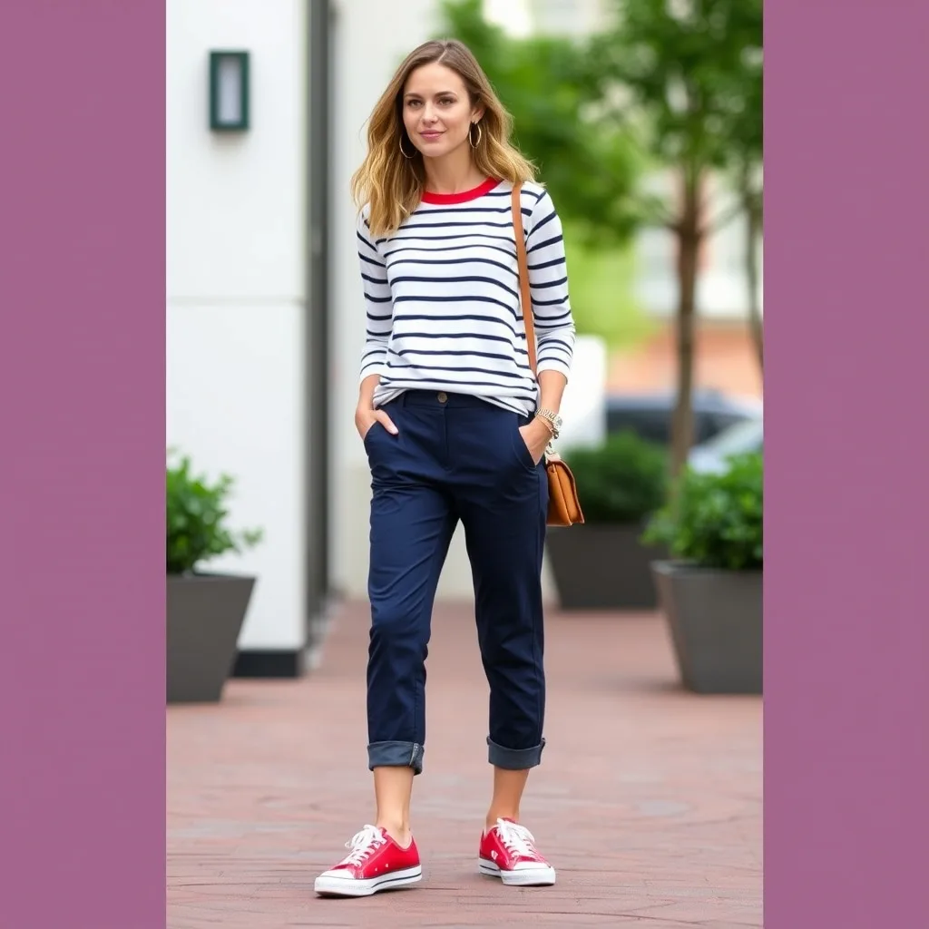 A person stands in a bright cafe wearing navy blue chinos and a striped long sleeve shirt. Their red sneakers provide a classic pop of color that complements the navy tones of the outfit.