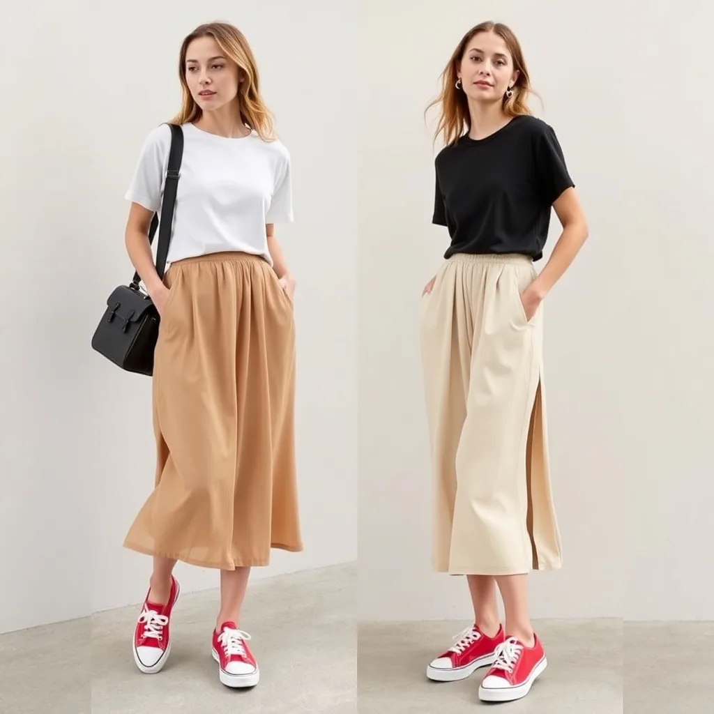 A person wears a flowy cream midi skirt paired with a vintage graphic t shirt and red sneakers. The setting is a brick wall background with soft morning light that enhances the texture of the fabrics.