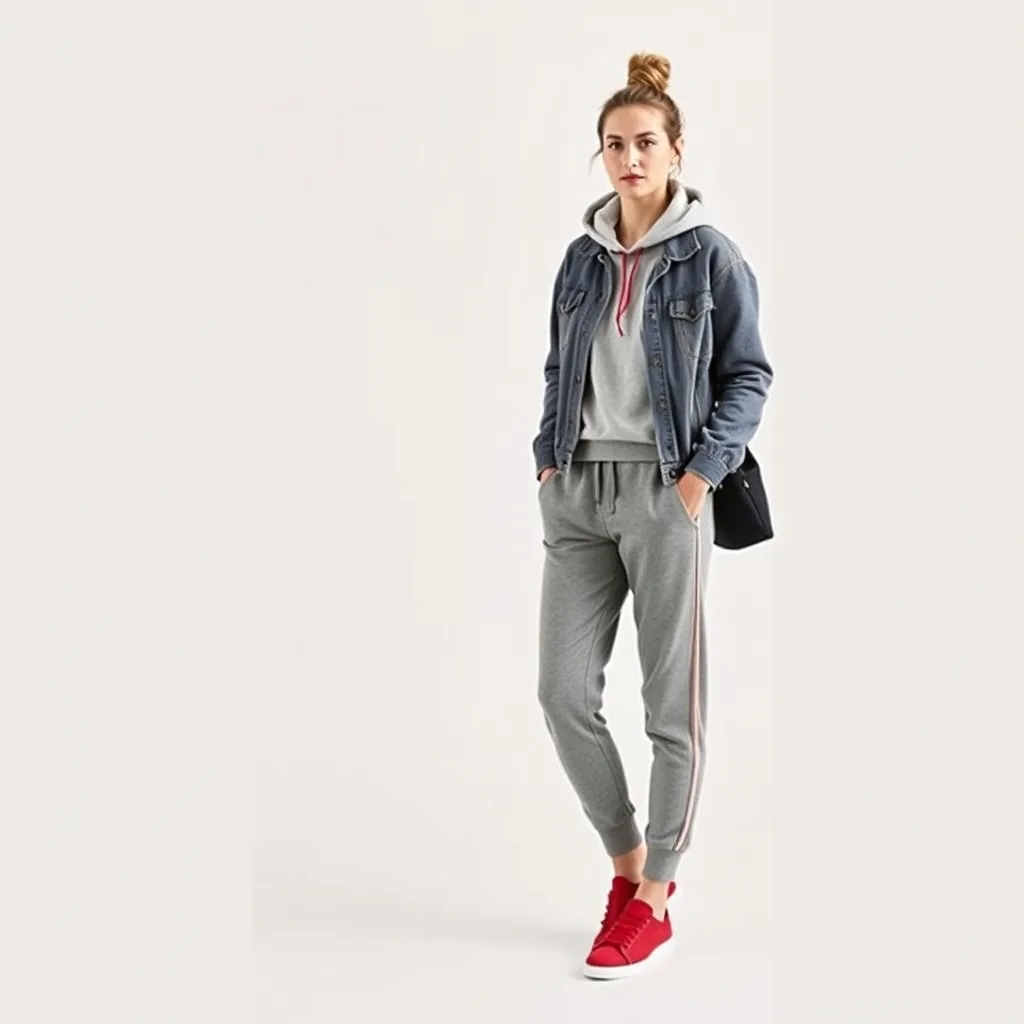 A person wearing a grey matching jogger set and a blue denim jacket stands in a station. The red sneakers provide a splash of color against the grey and blue tones of the clothing.