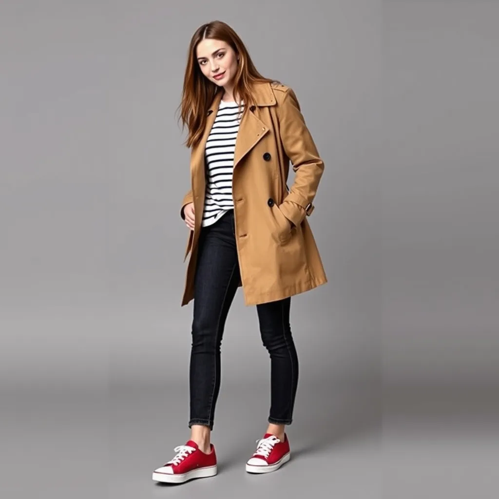 A person walks down a city street wearing a long tan trench coat over dark blue jeans. Their red sneakers stand out clearly against the neutral tones of the coat and the pavement.